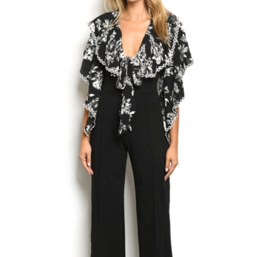 VALENTINE Black +White Ruffle V Neck Jumpsuit NWOT